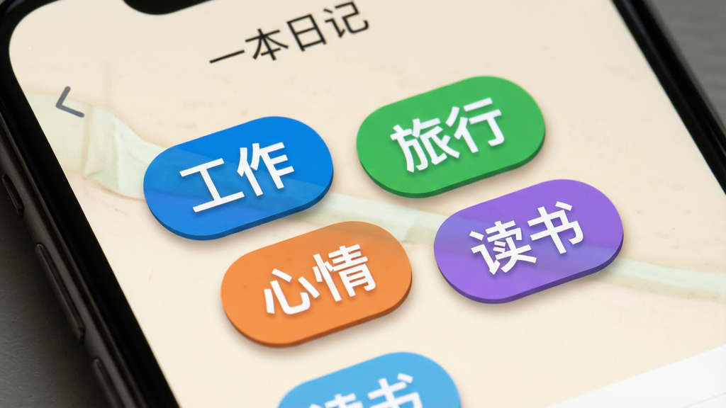 画面展示一部手机屏幕特写,屏幕内呈现“一本日记”应用的标签云界面,多个彩色圆角标签如“工作”“旅行”“心情”“读书”错落排列,背景为浅米色,整体采用微距特写构图,风格清爽活泼,细节上突出标签的圆角与阴影层次,画质清晰干净,无多余元素