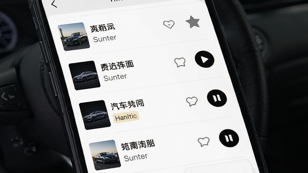 汽车音乐歌曲播放软件歌单管理界面截图风格展示,画面为手机屏幕内歌单列表页面,包含歌曲名称、歌手信息与播放按钮,布局为纵向列表排版,风格清新简约,细节呈现收藏图标与音质标签,画质高清,干净,无多余元素