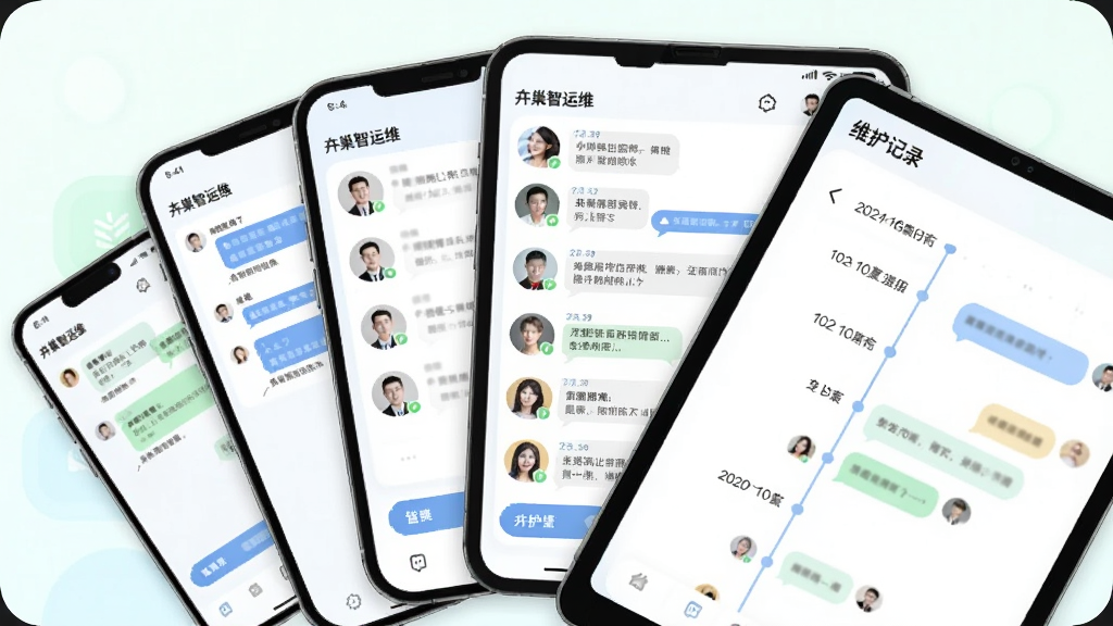 画面主体为多台手机与平板设备以扇形展开布局,各屏幕分别显示评论对话、人员头像列表、维护记录时间轴等协作界面元素;整体采用柔和圆角卡片风格,配色清新浅色,细节清晰展示交互按钮与消息气泡,画质干净明亮,画面中可出现“卉巢智运维”字样