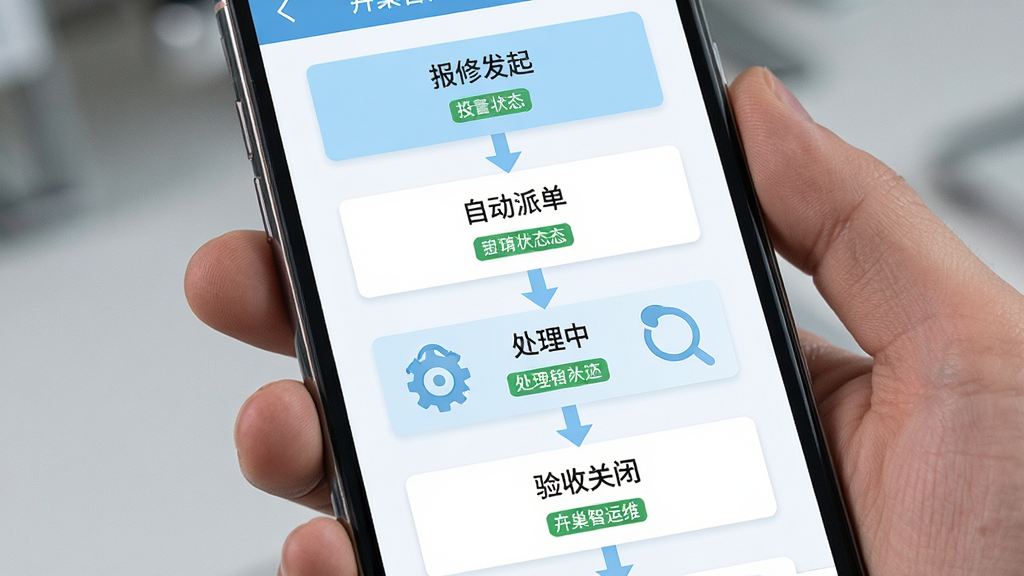 画面主体为手机界面特写,屏幕内展示工单流转流程图,从报修发起、自动派单、处理中到验收关闭四个节点以卡片形式纵向排列,节点之间用箭头连接;配色采用浅蓝与白色搭配,布局居中对称,风格简洁商务,细节清晰展示按钮与状态标签,画质干净锐利,画面中可出现“卉巢智运维”字样