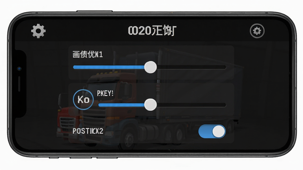 一张手机屏幕显示卡车游戏设置界面的截图,画面中包含画质调节滑块、按键大小调节选项与音效开关,界面布局清晰,背景为深色,文字与图标对比明显,整体风格简洁实用,画质干净