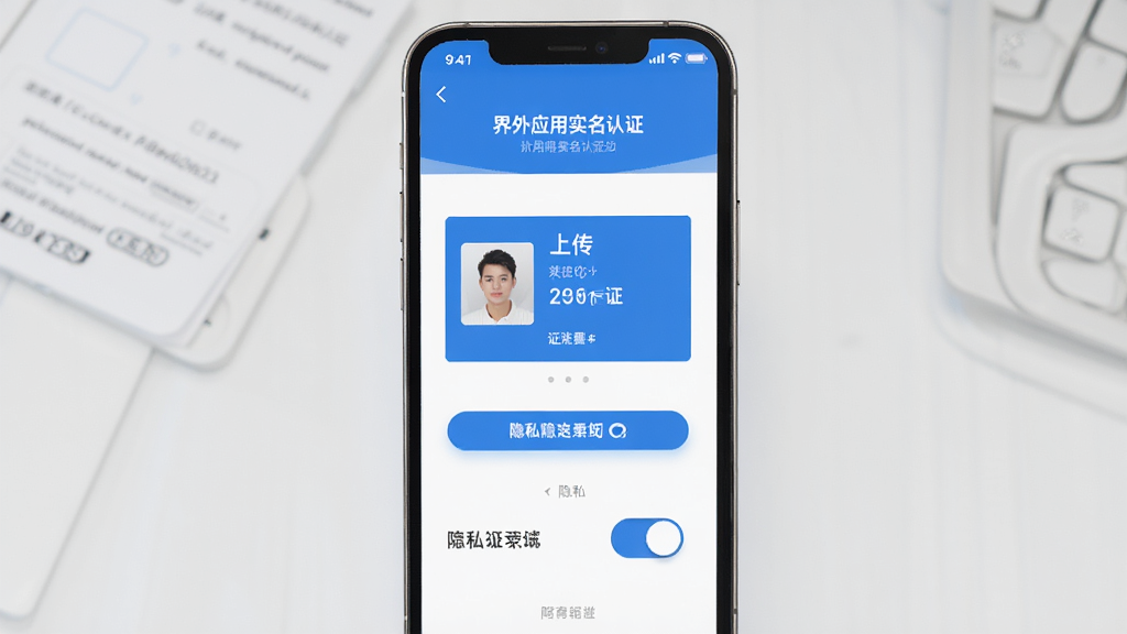 界外应用实名认证界面展示图,手机屏幕中呈现认证步骤页面,包含证件上传区与隐私开关选项,界面以蓝白配色为主,布局清晰,风格简洁专业,画质高清,干净无多余元素