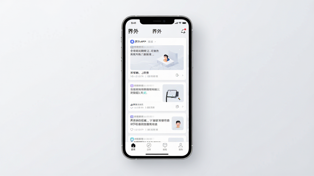 一张展示界外应用主界面的手机样机图,画面中央是手机屏幕,屏幕内显示界外APP的首页信息流与底部导航栏,界面采用浅色卡片式布局,顶部有“界外”字样,背景为简洁的浅灰色渐变,风格现代清爽,细节清晰,画质高清,干净无多余元素