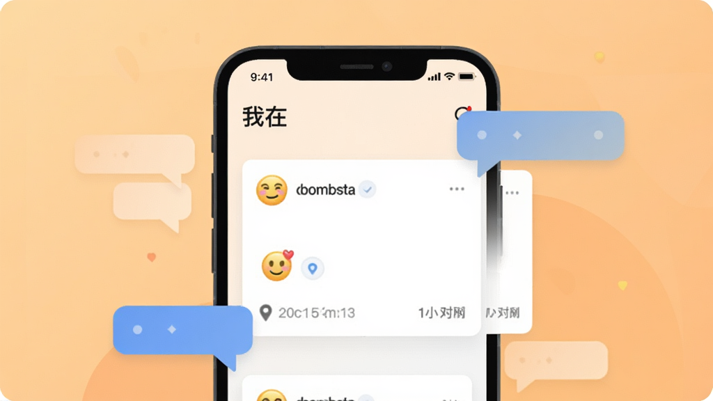 一张以“我在”应用界面为主题的插图,画面中央是一部手机,屏幕上显示着一条刚发布的状态动态卡片,卡片上有心情表情、位置图标和时间戳,手机旁边漂浮着几个快捷短语气泡,背景为温暖的浅橙色渐变,风格扁平化,画质细腻,干净无多余元素