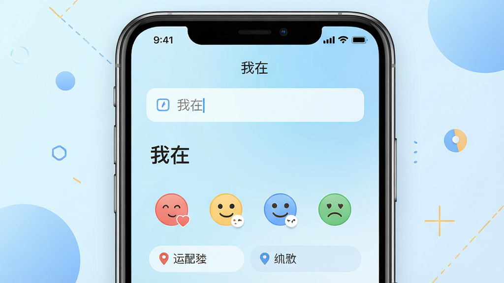 一张展示智能手机屏幕的图片,屏幕中央显示名为“我在”的应用程序主界面,界面布局简洁,上方有状态输入框,下方排列着心情图标与位置标签,背景为柔和的渐变浅蓝色,手机周围有简约的几何图形点缀,整体风格清新现代,画质清晰,干净无多余元素