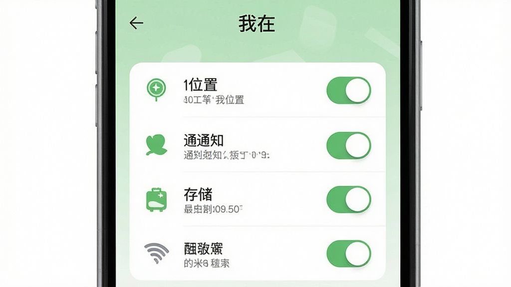 一张展示“我在”应用隐私设置页面的示意图,手机屏幕中央显示权限开关列表,包括位置、通知、存储等选项,每个开关旁配有简明图标和文字说明,界面以浅绿色和白色为主色调,风格清爽简洁,画质清晰,干净无多余元素