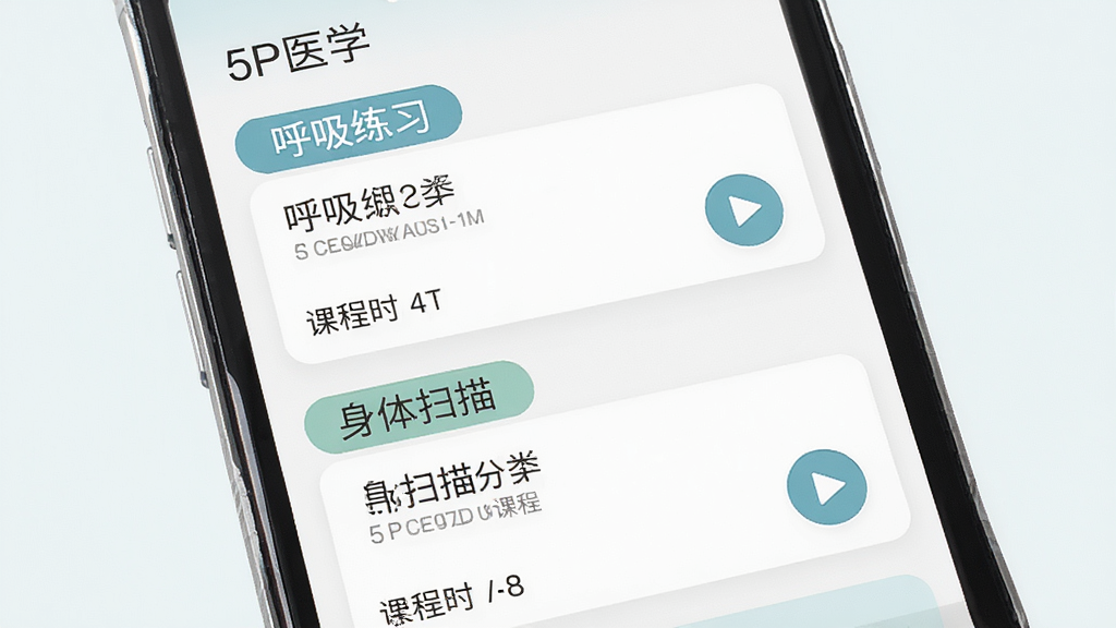 一张展示5P医学正念课程界面的示意图,画面主体为手机屏幕特写,屏幕内呈现多个冥想课程卡片按主题排列,包含呼吸练习与身体扫描分类标签,布局为上下滚动式列表,风格为清爽扁平化设计,细节包括课程时长标注与播放按钮,画质清晰干净,画面中带有“5P医学”字样