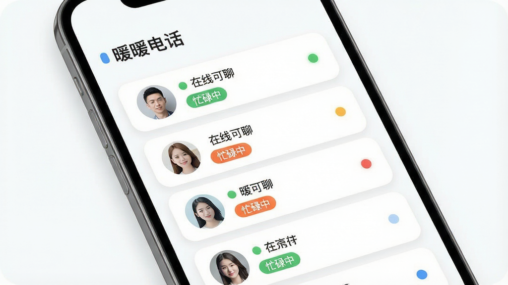 一张展示在线状态功能的手机界面图,画面中央为“暖暖电话”用户列表页面,每个用户头像旁配有不同颜色的状态圆点,配有“在线可聊”“忙碌中”等文字标签,布局为纵向列表排版,风格为现代简约UI风,细节包括圆角卡片、柔和阴影、状态色区分,画质清晰,背景干净,无多余元素