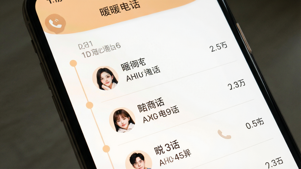 一张表现通话记录页面的写实图片,画面为手机屏幕特写,显示“暖暖电话”通话记录列表,每条记录包含头像、昵称、通话时间和时长,界面配色为暖白色搭配浅橙色,布局为纵向时间轴样式,风格为清爽移动端UI,细节包括圆角图标、分割线、时间戳,画质清晰,无多余元素