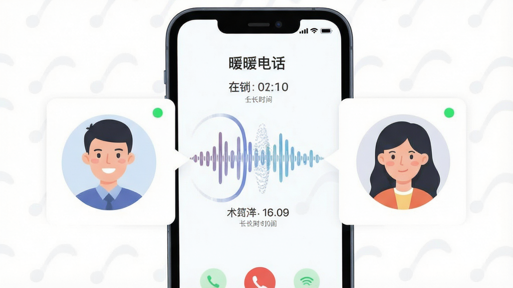一张表现语音匹配功能的AI生图,画面主体为一部手机和两个正在通话的用户头像气泡,手机屏幕显示“暖暖电话”匹配成功界面,两个头像之间有动态声波连接线,布局为居中构图,风格为扁平化插画风,细节包括声波纹理、在线状态绿点、通话时长计时器,画质清晰干净,无多余元素