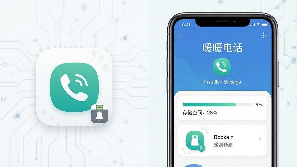 一张展示手机存储空间与轻量应用安装的示意图,画面主体为一部手机旁边放置一个轻巧的安装包图标,手机屏幕显示“暖暖电话”安装完成界面,布局为左右对比构图,风格为科技简约风,细节包括存储空间进度条、安装包体积标注、手机存储图标,画质干净清晰,无多余元素