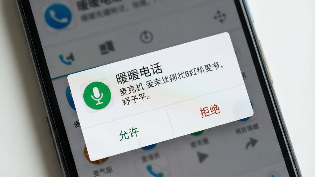 一张展示手机安装应用时权限授予界面的写实图片,画面为手机屏幕特写,屏幕上显示“暖暖电话”申请麦克风权限的系统弹窗,弹窗中有“允许”和“拒绝”两个按钮,布局为居中弹窗构图,风格为安卓系统原生UI风格,细节包括权限图标、应用名称、系统提示文字,画质清晰,背景干净,无多余元素