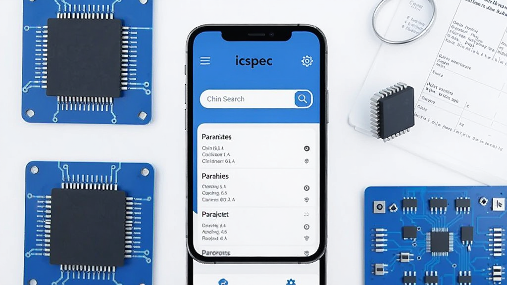 画面中央放置一部智能手机,屏幕显示“icspec”应用界面,界面中有芯片搜索框和参数列表,手机周围环绕芯片、电路板、数据手册等元素,采用扁平化科技风格,蓝白配色为主,布局简洁清晰,细节表现芯片引脚与搜索图标,画质清晰干净,无多余装饰元素
