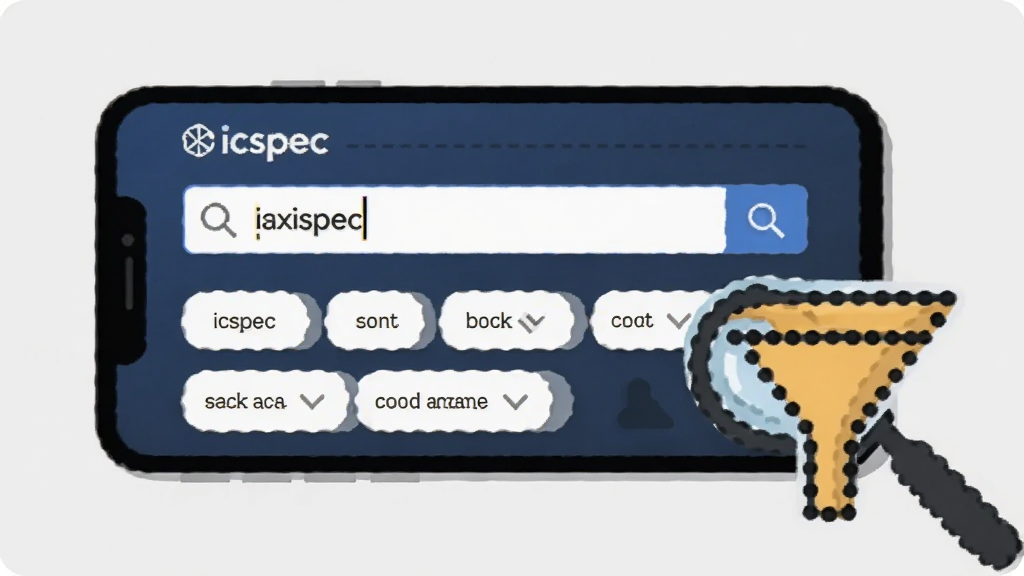 画面展示一部手机横屏放置,屏幕中呈现“icspec”搜索界面,搜索框内有部分型号字符,下方列出多条筛选条件标签,旁边配有一个放大镜与漏斗图标组合,采用简洁扁平插画风格,浅灰背景,布局左右分栏,细节清晰,画质干净