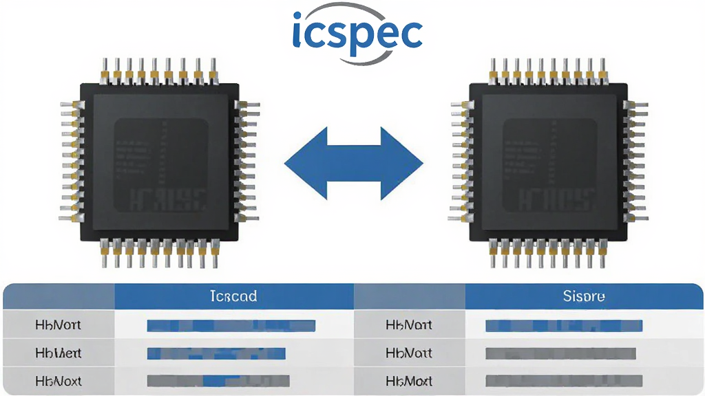 画面中央为两块并排的芯片图形,中间用双向箭头连接,上方显示“icspec”标识,下方为参数对比表格的简化示意,采用商务简洁风格,蓝灰配色,布局对称,细节表现芯片引脚与对比条目,画质清晰干净