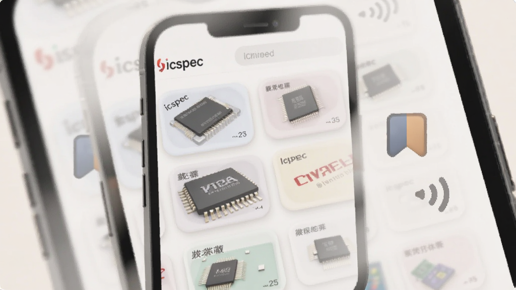 画面展示手机屏幕内呈现“icspec”收藏列表界面,列表项为芯片型号卡片,手机旁有一个书签图标与信号弱的标识,采用柔和圆角风格,浅色背景,布局居中,细节表现卡片层次,画质干净清晰