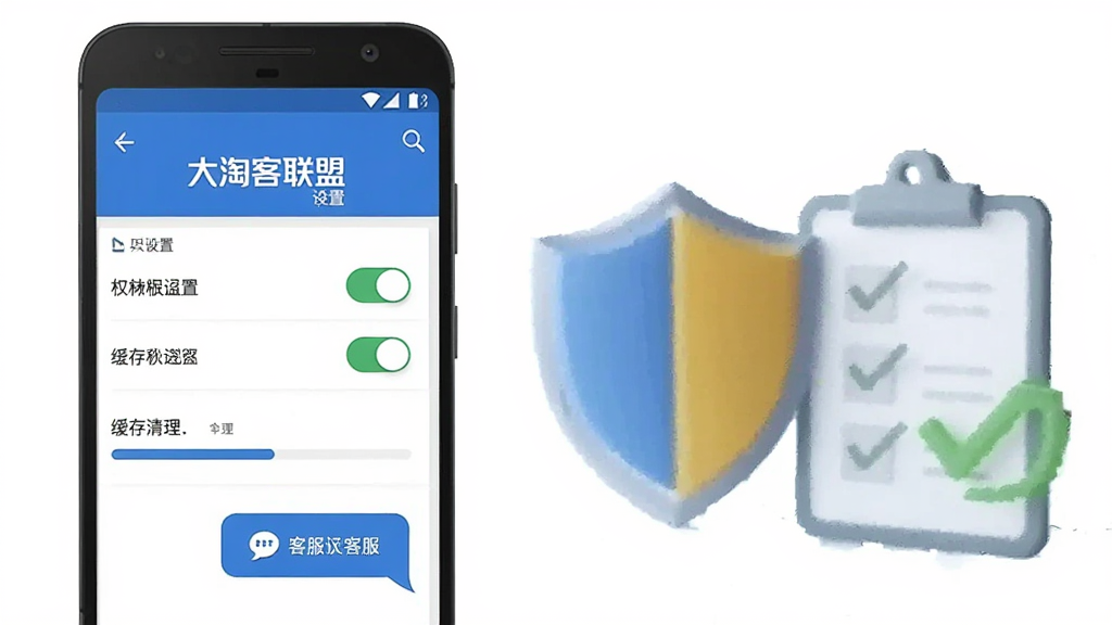 画面展示一部安卓手机屏幕显示大淘客联盟应用设置界面,旁边放置盾牌图标与勾选清单元素,布局为左侧手机右侧安全图标对比构图,风格为简洁说明性插画,细节包含权限开关按钮、缓存清理进度条与客服对话气泡,画质清晰干净,无多余元素