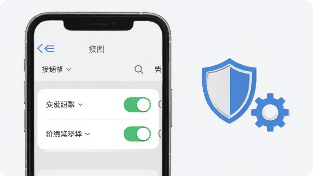 主体为一部手机屏幕显示设置界面与权限开关,旁边放置盾牌与齿轮图标;布局为手机居中偏左、图标居右;排版清晰;风格为简约指引风,白灰与蓝色点缀;细节上开关呈开启状态,背景为浅色;画质清晰,干净无多余元素