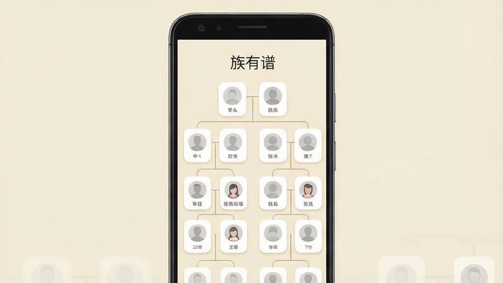 一张竖版手机应用界面展示图,画面中央是一部安卓手机,屏幕内呈现族有谱的家族树结构页面,上方有“族有谱”三个字的标题,树状节点以圆角卡片排列,连接线清晰,背景为浅米色,整体风格干净简洁,布局居中对称,细节上体现辈分层级与成员头像占位,画质清晰,无多余装饰元素