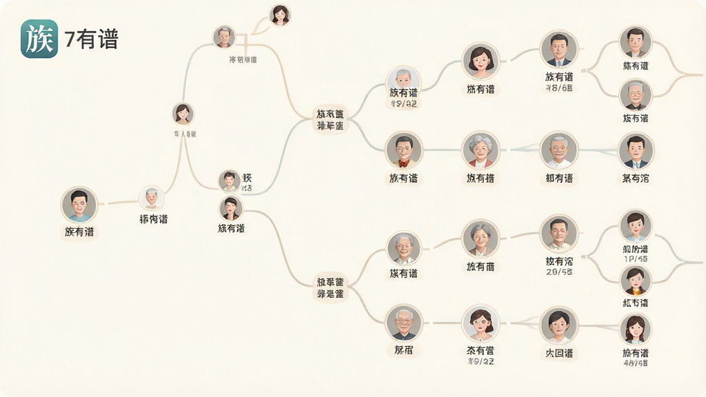 一张横向构图的族谱树状图界面示意图,画面主体是浅色背景上的家族关系树,节点为圆形头像卡片,卡片下方标注姓名与辈分,连接线为柔和曲线,左上角放置“族有谱”应用标识,整体排版疏朗,风格清新简约,细节上体现多代分支展开的效果,画质干净清晰,无杂乱元素