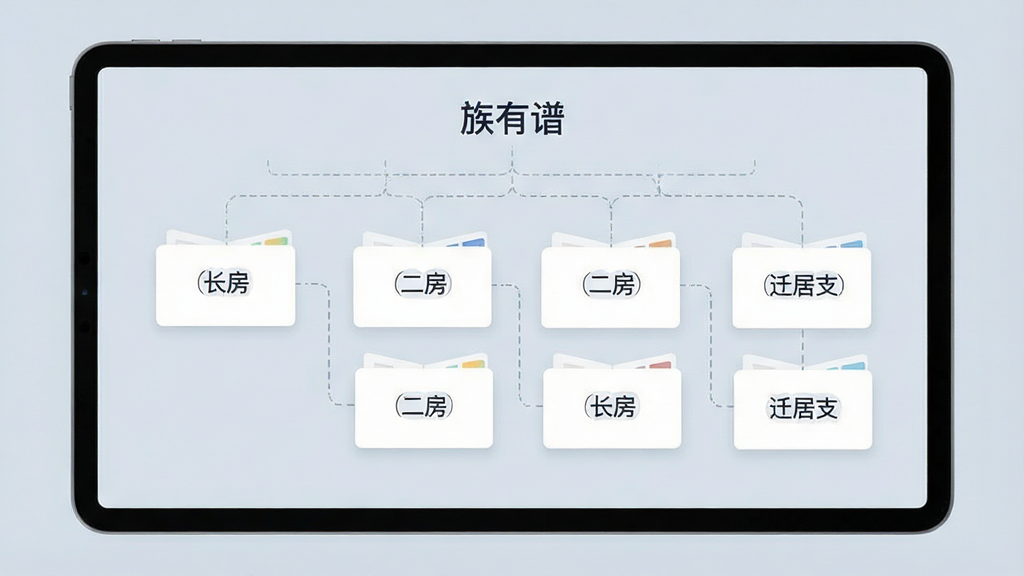 一张展现家族分支管理的界面示意图,画面为浅灰蓝色背景,中央是一块平板或手机屏幕,屏幕内显示多个并列的分支卡片,每张卡片标注“长房”“二房”“迁居支”等字样,卡片之间有虚线连接,顶部有“族有谱”字样,风格现代简洁,排版整齐,细节上体现分支独立又汇总的层次感,画质清晰,无多余元素