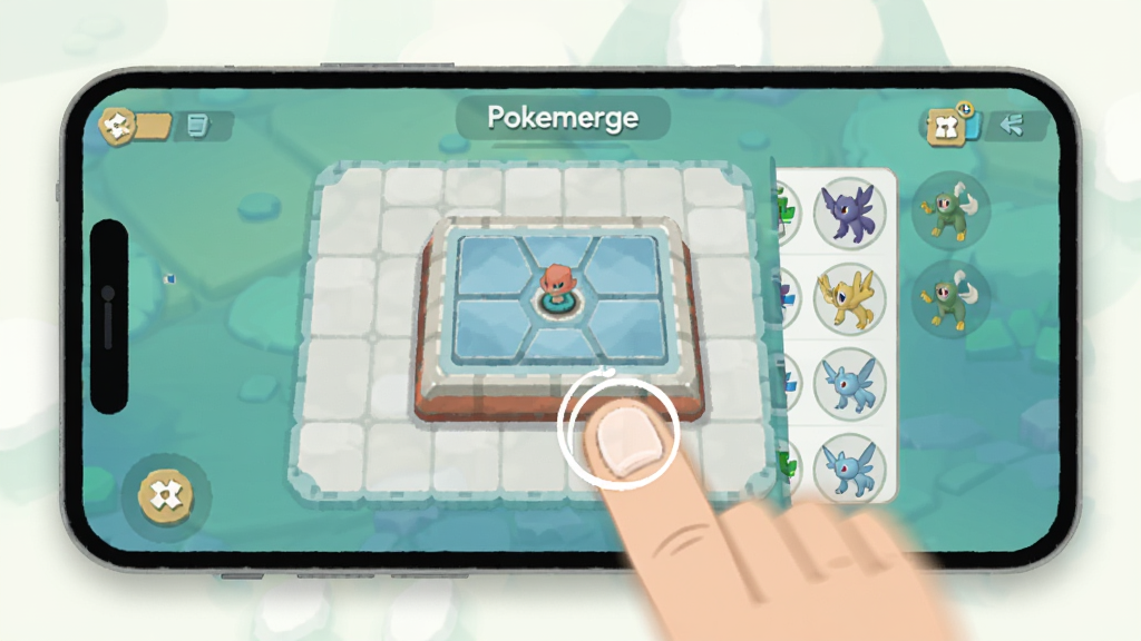 画面主体为手机屏幕中展示Pokemerge游戏界面,布局采用正面平视构图,屏幕中央为合成台与精灵队列,风格为简洁UI展示插画,细节包括手指点击拖拽动作、柔和阴影与浅色背景,画质清晰、干净无多余元素