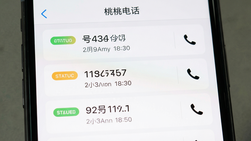 手机屏幕特写展示“桃桃电话”通话记录页面,主体为居中排列的记录列表,布局采用卡片式分行结构,风格为清爽素雅浅色系,细节上每条记录左侧有彩色状态标签、中部显示号码与时间、右侧为拨号图标,画质清晰,画面干净,无多余元素