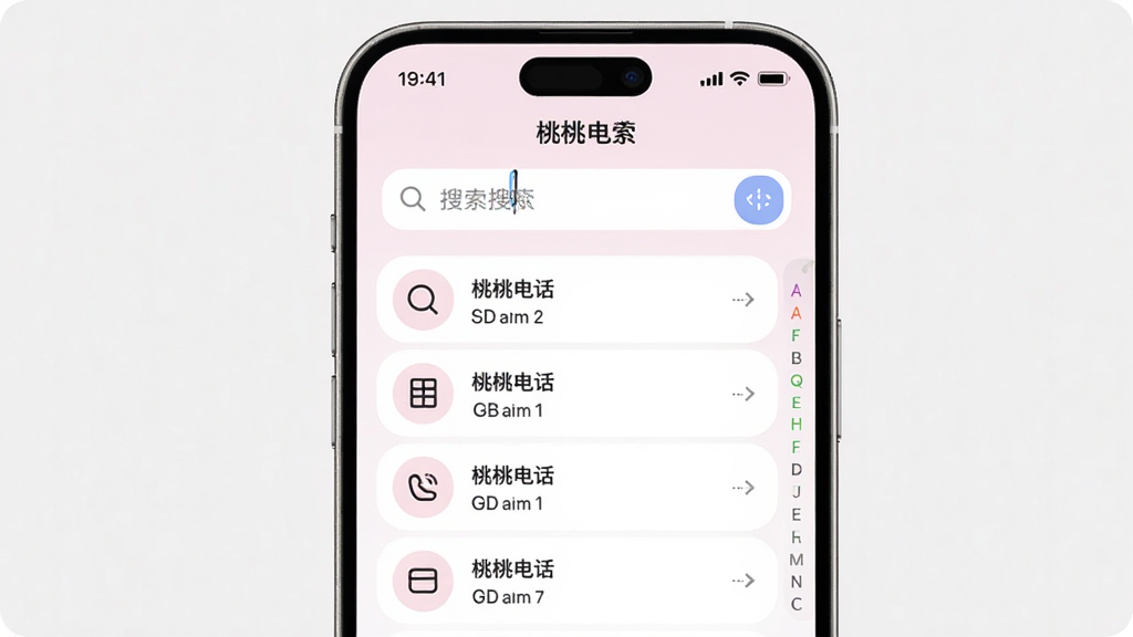 一部手机展示“桃桃电话”联系人搜索界面,主体为手机居中,布局上方为搜索输入框、下方为匹配结果列表,风格为柔和圆角清新设计,细节包含放大镜图标与首字母索引侧边栏,画质高清,画面干净,无多余元素