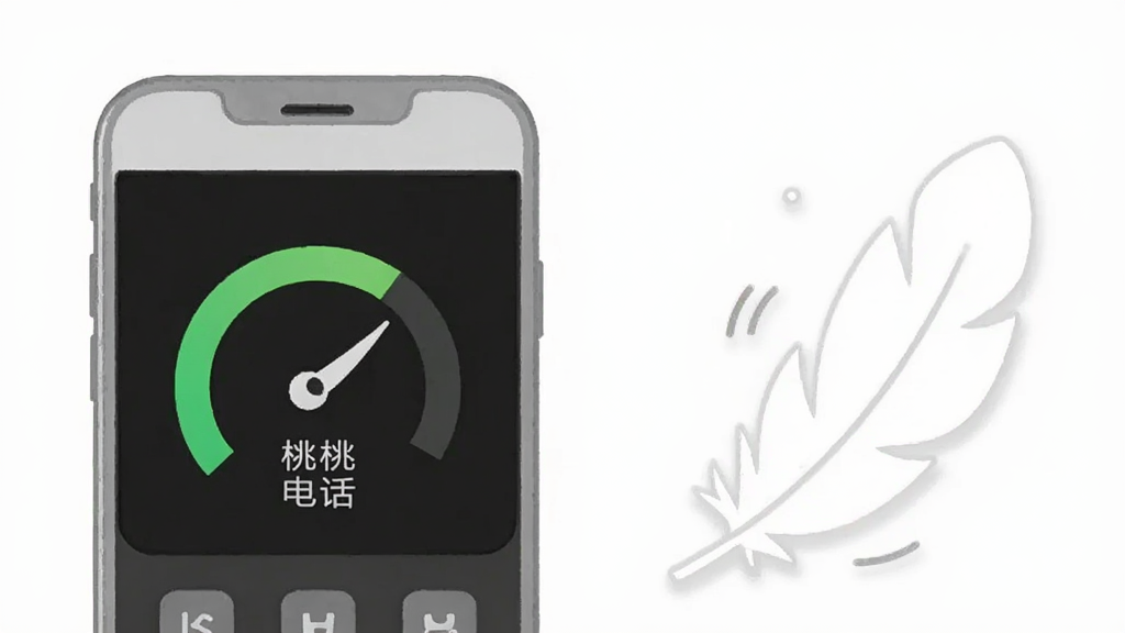 手机与轻量图标组合展示“桃桃电话”低资源占用特点,主体为手机与一片羽毛并排摆放,布局为左右对称构图,风格为清爽极简插画风,细节上手机屏幕显示绿色资源占用仪表盘、羽毛象征轻盈,画质清晰,画面干净,无多余元素