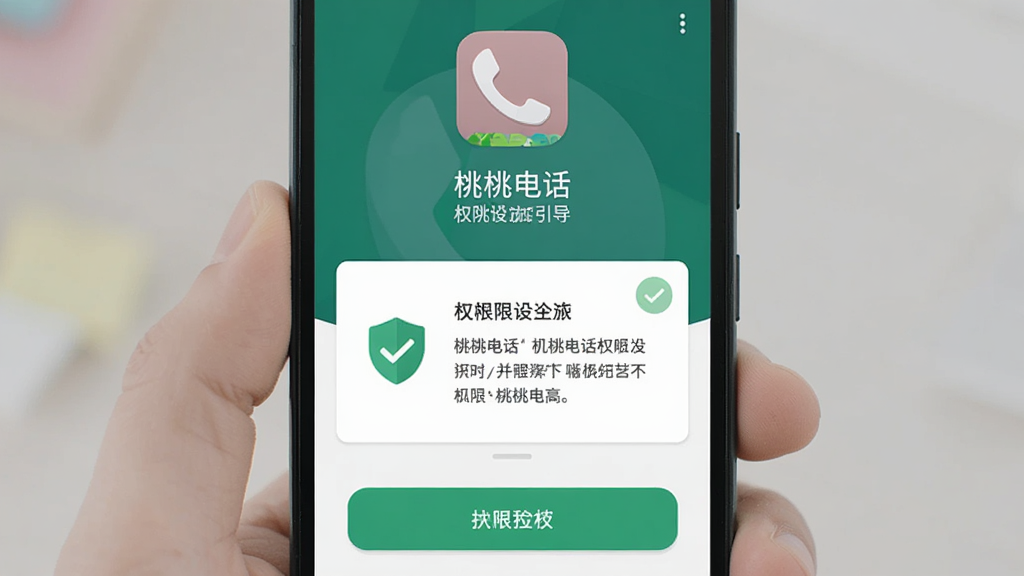 一部安卓手机展示“桃桃电话”权限设置引导页面,主体为手机居中,布局上方为应用图标、中部为权限说明卡片、下方为授权按钮,风格为扁平化提示界面设计,细节包含盾牌图标与绿色对勾元素,画质清晰,画面干净,无多余元素