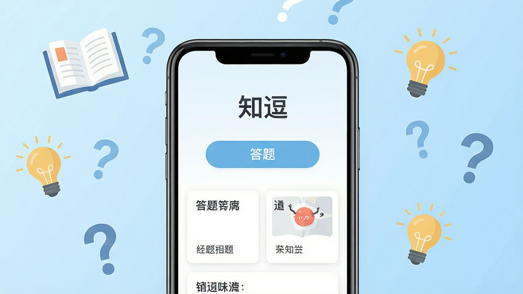 一张手机屏幕正面展示答题应用界面的场景图,画面中央是手机,屏幕上显示