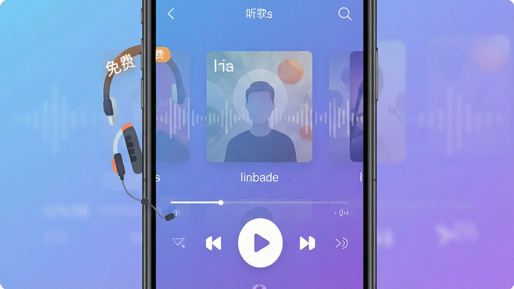 汽车音乐听歌全免免费听歌功能展示,画面主体为手机屏幕特写,屏幕内显示音乐播放页面,曲库列表标注免费标签,播放按钮醒目,背景为柔和的蓝紫色渐变,布局为居中构图,风格为现代扁平化设计,细节包含耳机图标与声波纹理,画质清晰,干净利落,无多余元素