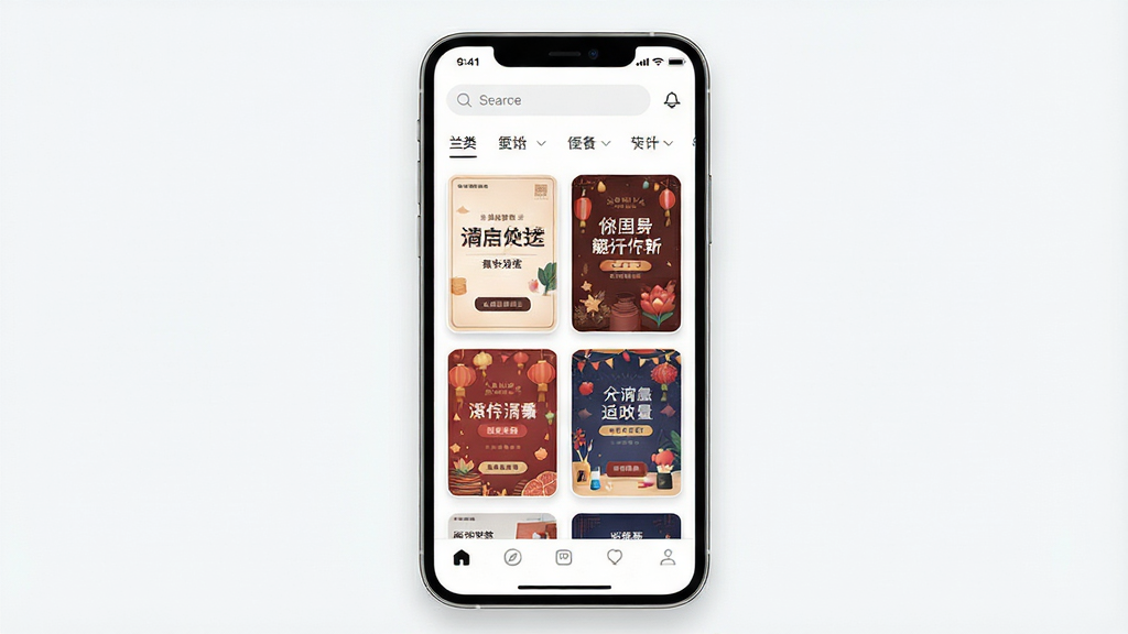一张手机屏幕展示海报设计室软件界面的产品展示图,画面主体是一部竖屏智能手机,屏幕上呈现海报设计室的模板中心页面,网格状排列多张促销海报、节日海报缩略图,顶部有搜索框与分类标签,底部为导航栏,布局居中对称,风格为清爽现代的移动应用展示风,细节包含圆角卡片、柔和阴影、留白充足,画质清晰干净,无多余元素