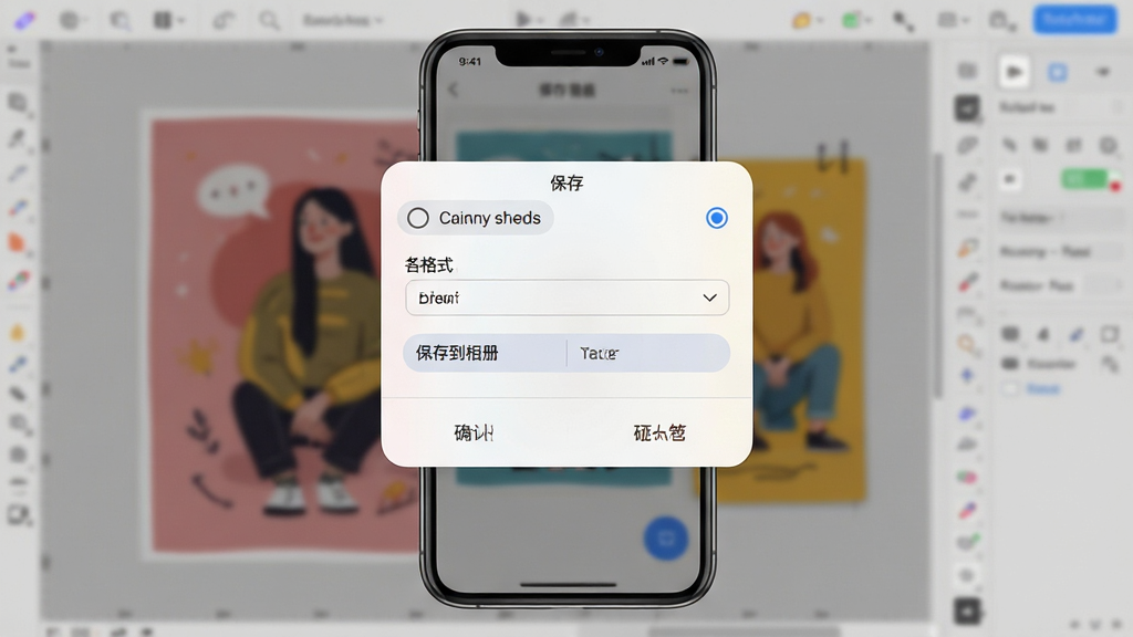 海报设计室软件导出设置界面示意图,画面主体为手机屏幕弹出保存导出对话框,对话框内包含清晰度选项、格式选择、保存到相册按钮,背景为虚化的海报编辑画布,布局为对话框居中悬浮,风格为简洁移动端弹窗风格,细节包含单选按钮、确认取消按钮、圆角卡片,画质清晰干净,无多余元素