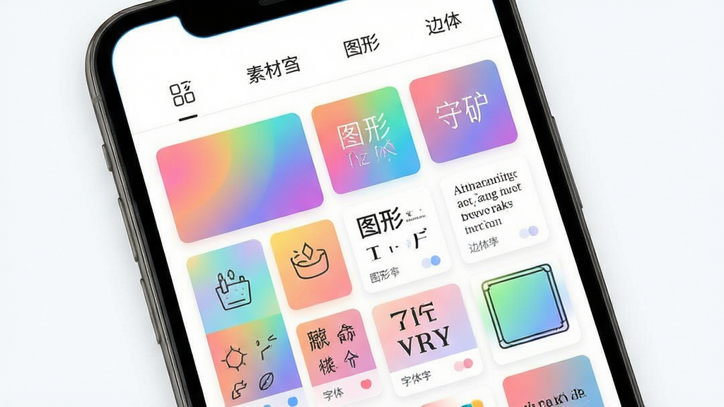 海报设计室素材库界面展示图,画面主体为手机屏幕呈现素材中心页面,分为背景、图形、字体、边框四个标签页,每个标签下以网格形式展示彩色素材缩略图,布局为顶部标签栏加下方网格内容区,风格为明亮清新的应用界面风格,细节包含彩色渐变背景缩略图、线条图标、字体预览卡片,画质清晰干净,无多余元素