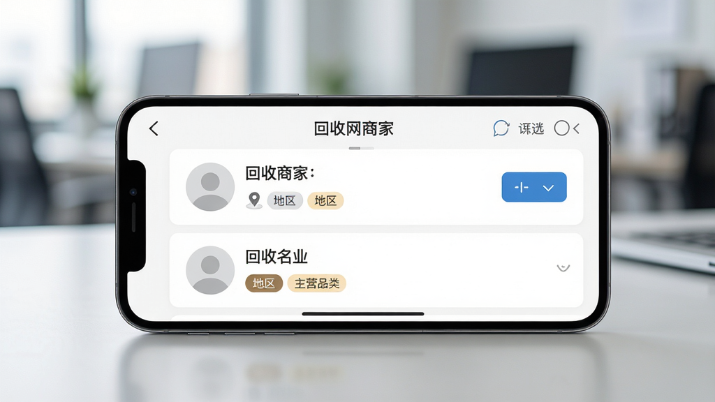 主体是手机界面展示回收商网商家列表页,包含企业名称、地区标签和主营品类;布局为手机平放于桌面,背景是模糊的办公环境;排版突出列表条目与筛选按钮;风格为简约商务风,细节包括头像占位、地区图标、分类标签;画质高清,干净,无多余元素,画面中文字为