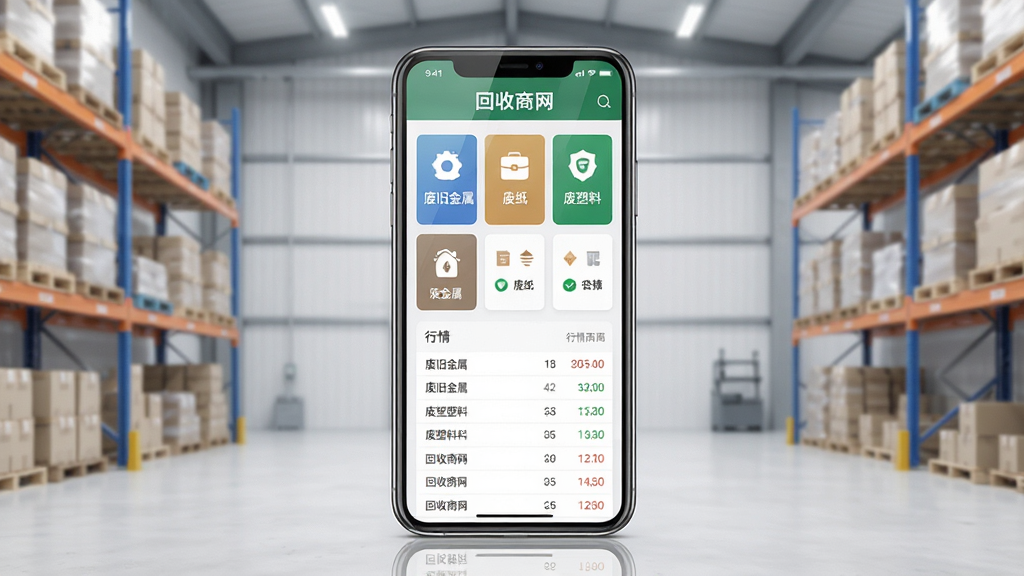 主体是一部智能手机,屏幕中展示回收商网应用首页界面,包含废旧金属、废纸、废塑料等分类板块与行情列表;布局采用居中手机正面展示,背景为浅灰色工业风仓库场景;排版突出手机屏幕内容,四周留白干净;风格为写实科技感,细节包括屏幕反光、分类图标、数据卡片;画质高清,干净,无多余元素,画面中文字为