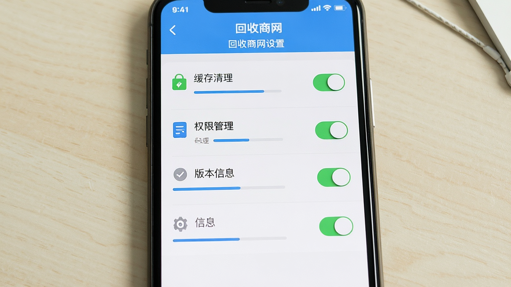 主体是手机屏幕显示回收商网设置页面,包含缓存清理、权限管理、版本信息等选项;布局为手机竖屏正面展示,背景为浅色桌面;排版突出设置条目与开关按钮;风格为清爽简洁风,细节包括图标、文字标签、进度条;画质清晰,干净,无多余元素,画面中文字为