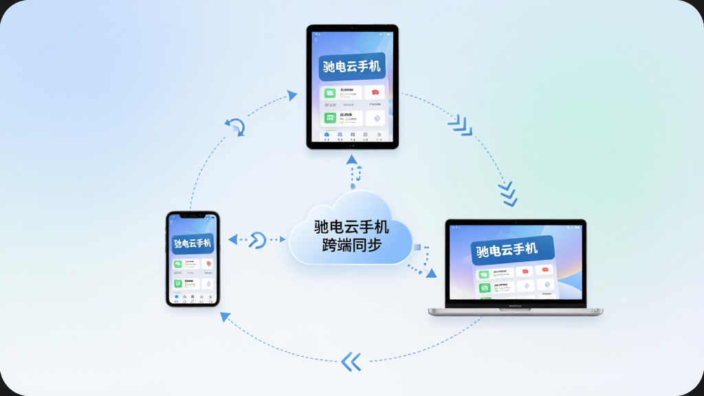 主体为手机、平板、笔记本电脑三台设备围绕一个云端核心呈环形排列,布局为环形放射构图,每台设备屏幕显示相同的应用界面,排版强调多端同步概念,风格为简约科技插画,细节包括设备间的虚线连接、同步箭头图标、柔和渐变背景,画质高清干净,画面中打文字“驰电云手机 跨端同步”,无多余元素