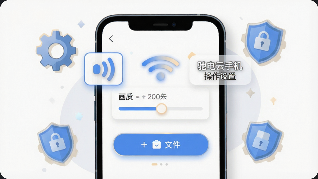 主体为一部手机屏幕显示驰电云手机操作界面,界面中悬浮着网络信号图标、画质调节滑块与文件传输按钮,布局为手机正面特写居中,周围环绕齿轮与盾牌图标象征设置与安全,排版突出操作提示感,风格为扁平化UI插画,细节包括界面元素的高亮描边、柔和阴影、浅色背景,画质清晰干净,画面中打文字“驰电云手机 操作设置”,无多余元素