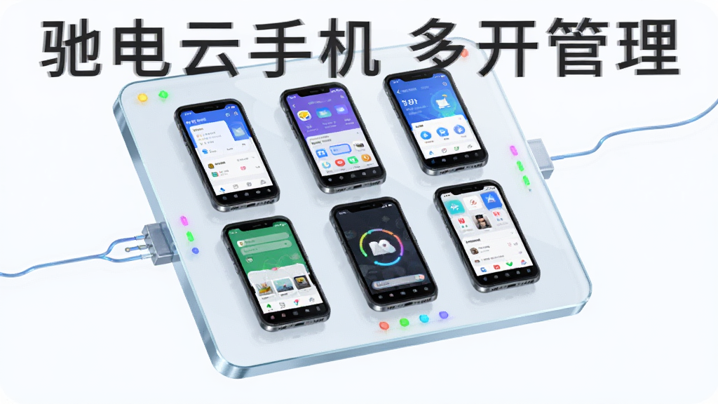主体为一块控制面板悬浮在空中,面板上排列着六个小型手机屏幕缩略图,每个屏幕显示不同应用界面,布局为网格状排列,排版清晰有序,风格为现代UI概念插画,细节包括半透明玻璃质感面板、彩色状态指示灯、连接线条,画质干净明亮,画面中打文字“驰电云手机 多开管理”,无多余装饰