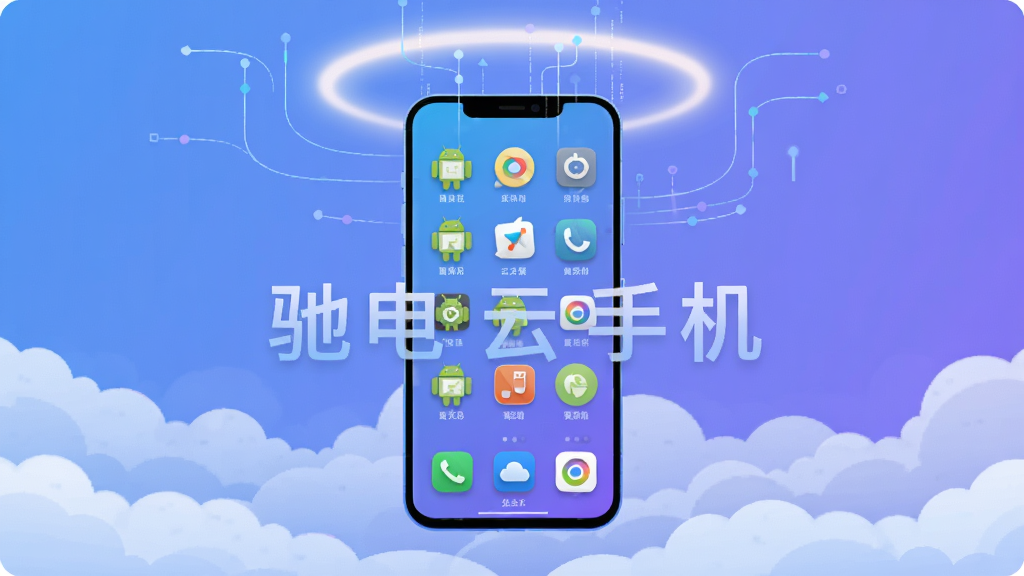 主体为一部悬浮在云端的智能手机,屏幕内显示多个安卓应用图标整齐排列,布局采用居中构图,上方有柔和光晕与数据流线条连接,排版简洁大气,风格为科技感扁平插画,细节包括云朵纹理、渐变蓝紫配色、图标立体微阴影,画质高清干净,画面中打文字“驰电云手机”,无多余元素