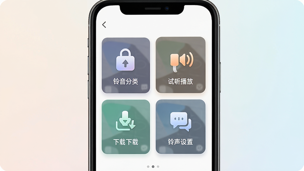 手机铃声免费版软件整体功能概览图,画面主体为手机屏幕中展示铃声分类、试听播放、下载管理和铃声设置四个功能模块的图标排列,布局为手机居中、背景为柔和浅色,风格清爽简洁的移动应用界面展示,细节包含各功能模块图标与文字标签,画质高清、干净、无多余元素