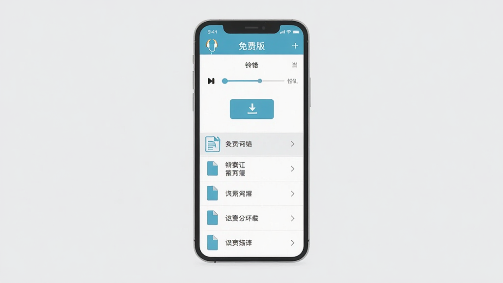 手机铃声免费版软件中铃声试听与下载功能的界面展示,画面主体为一部手机屏幕,屏幕内呈现播放进度条、下载按钮与已下载列表,布局为手机居中、背景简洁浅灰,风格现代扁平化应用界面,细节包含耳机图标、进度条、下载箭头与文件列表,画质清晰、干净、无多余元素