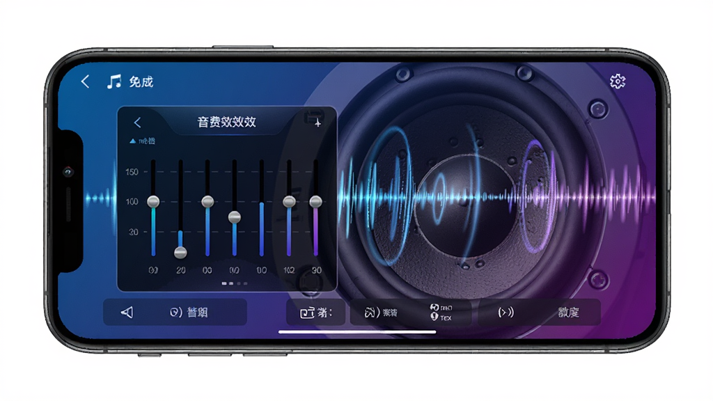 汽车音乐歌曲免费版音效设置界面,手机屏幕显示音效均衡器调节面板与车载音效模式选项,背景为汽车音响喇叭特写与声波扩散图形,科技感风格,蓝紫渐变色调,细节精致,画质干净