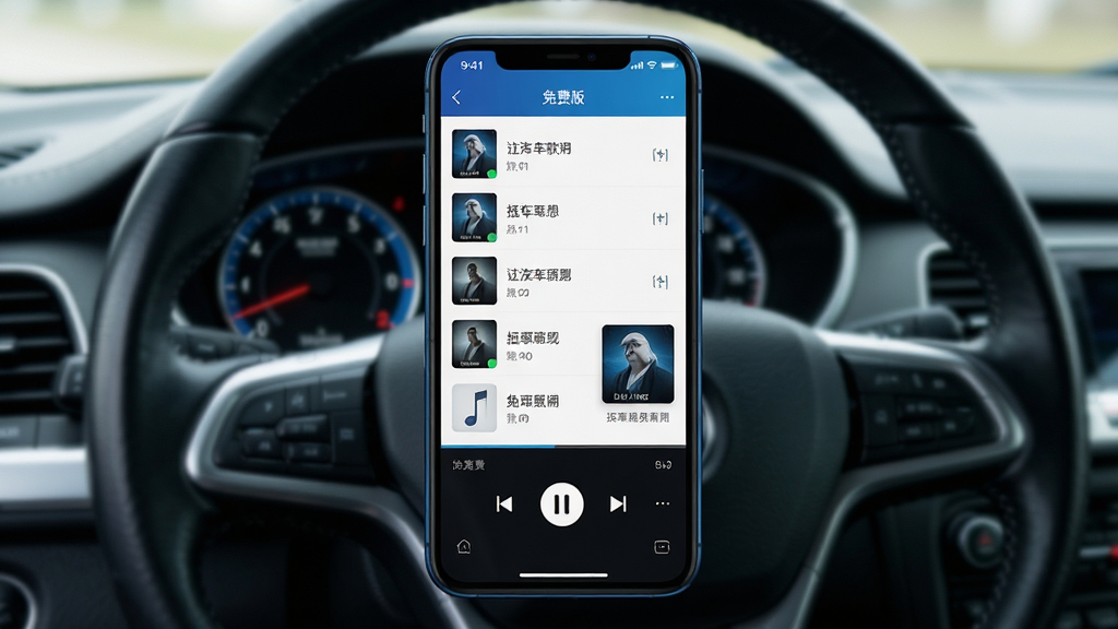 汽车音乐歌曲免费版软件主界面展示,画面中央为手机屏幕,屏幕内呈现简洁的车载音乐播放器界面,包含歌曲列表、播放控制按钮与专辑封面,背景为汽车驾驶舱仪表盘与方向盘虚化场景,整体风格清爽现代,蓝黑色调为主,细节清晰,画质干净,无多余元素