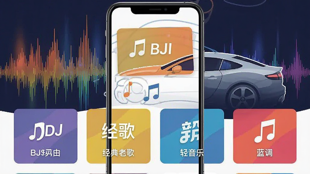 汽车音乐歌曲免费版海量曲库界面,手机屏幕展示多个音乐分类卡片,卡片上标注DJ舞曲、经典老歌、轻音乐、蓝调等标签,背景为抽象音乐波形与汽车轮廓组合图案,风格扁平化设计,色彩明快,画质清晰干净