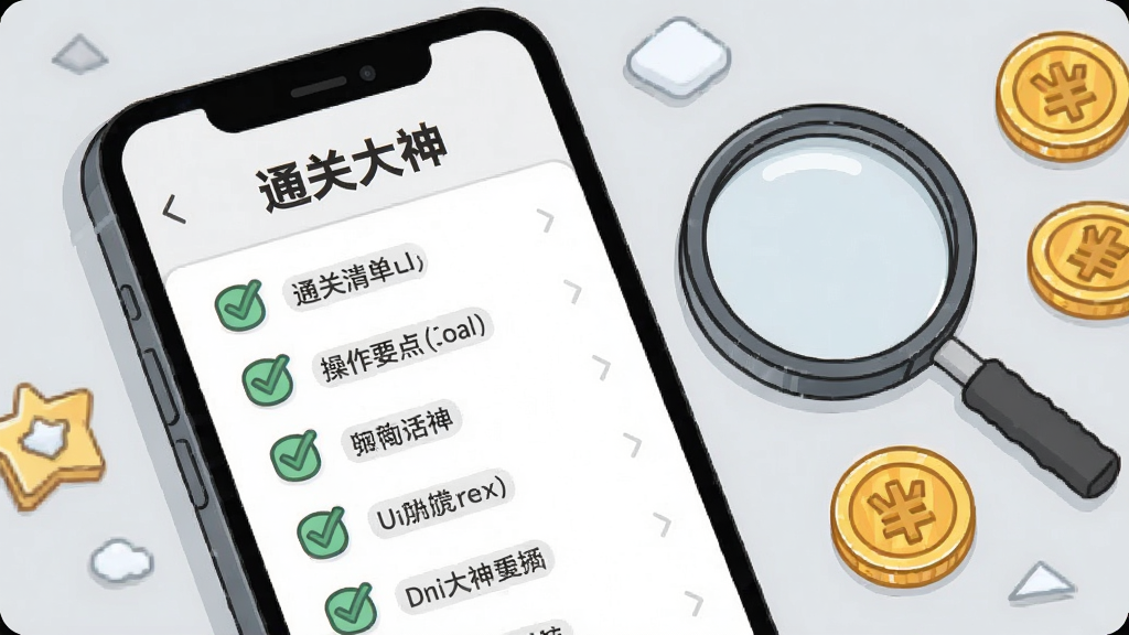 手机屏幕特写,显示“通关大神”的操作要点清单页面,清单项带有对勾图标,手机旁边有一个放大镜和几枚游戏金币道具,浅灰色背景,简约插画风格,细节清晰,画质干净