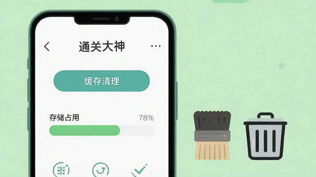 手机屏幕显示“通关大神”设置页面,页面中有缓存清理按钮和存储占用条,手机旁放置一个小刷子和一个垃圾桶图标,浅绿色背景,扁平化风格,画面简洁干净,高清画质