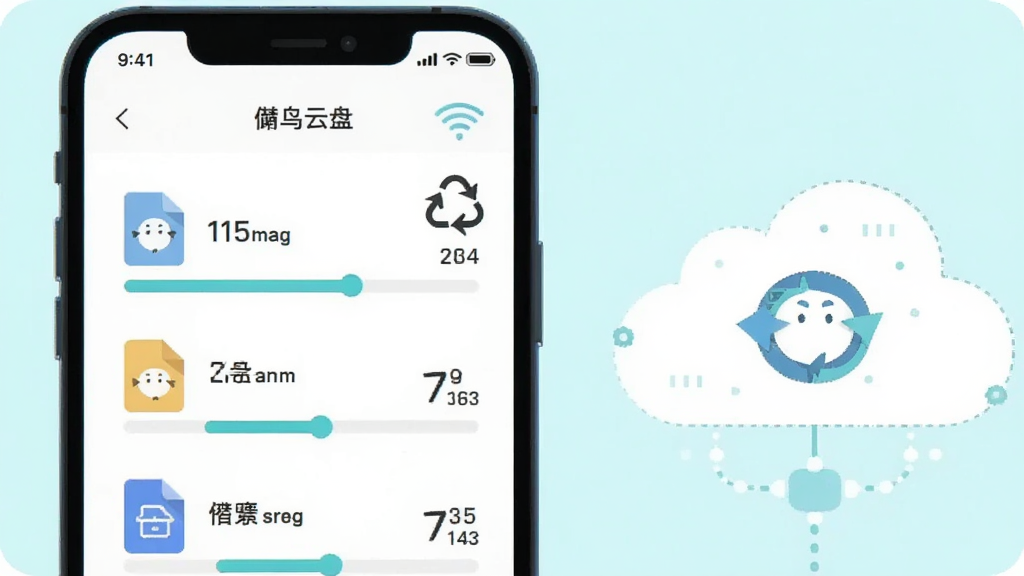 一部手机屏幕显示胖鸟云盘的上传队列界面,多个文件图标依次排列并带有进度条,旁边有WiFi信号图标和断点续传的循环箭头,背景为淡青色,布局为左右分栏,左侧手机右侧云朵服务器,风格为清爽扁平插画,细节包含文件类型图标和传输速度数值,画质干净无杂乱元素